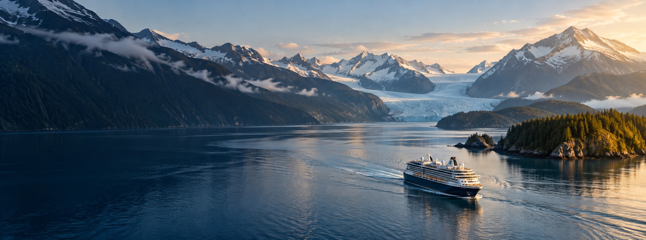 Cruise ship crossing calm water below forested mountains and a glacier