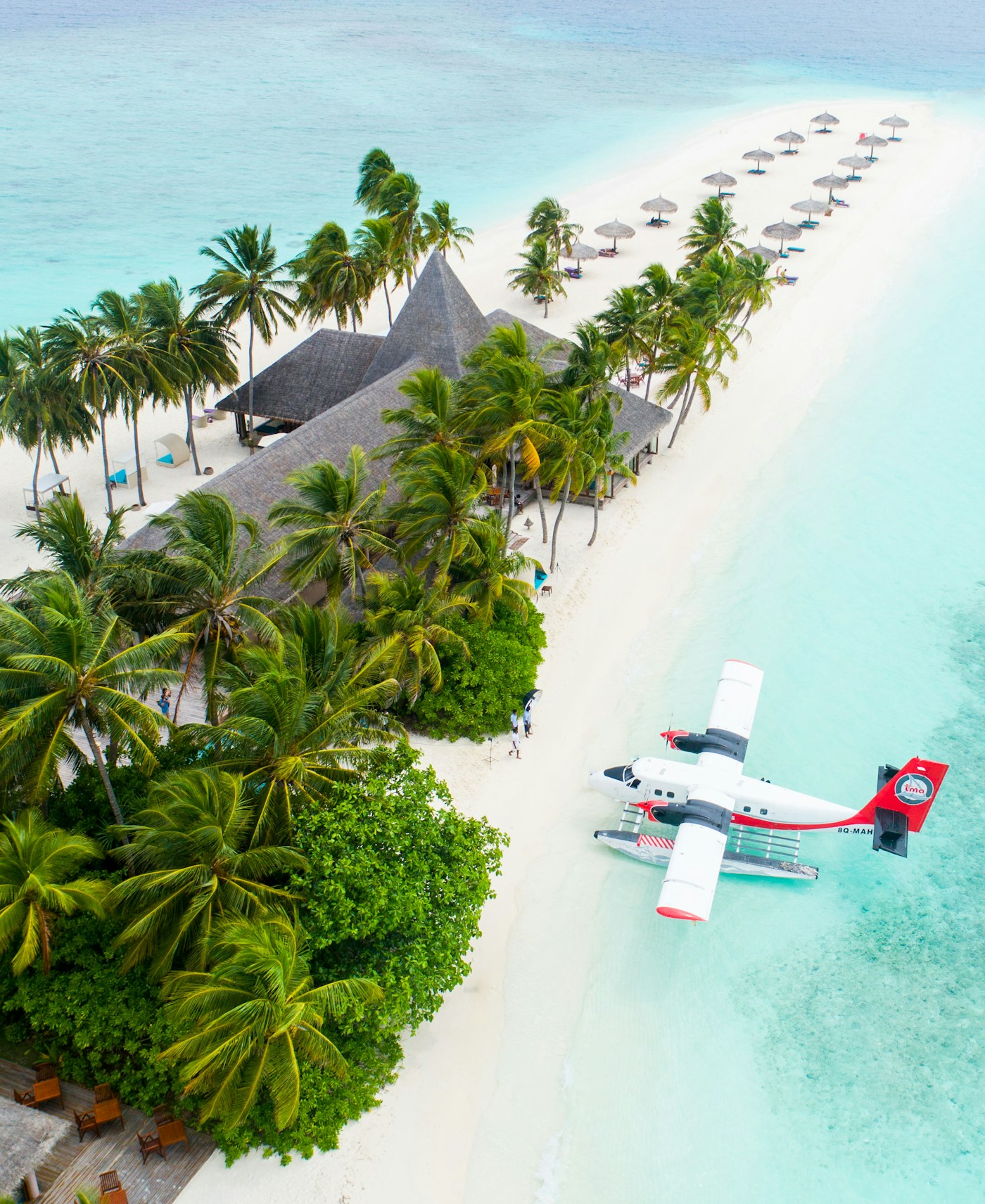Turquoise water and a palm-lined island beach